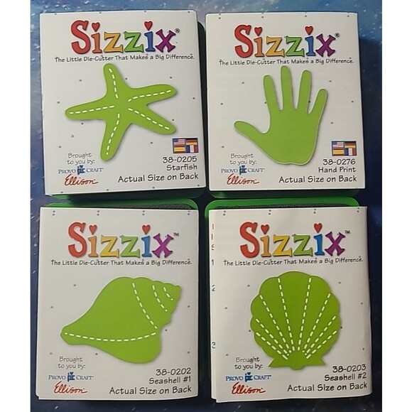 Sizzix Small Green Die Lot of 4 - Hand Print, Seashell #2, Seashell #1, Starfish - Picture 1 of 3